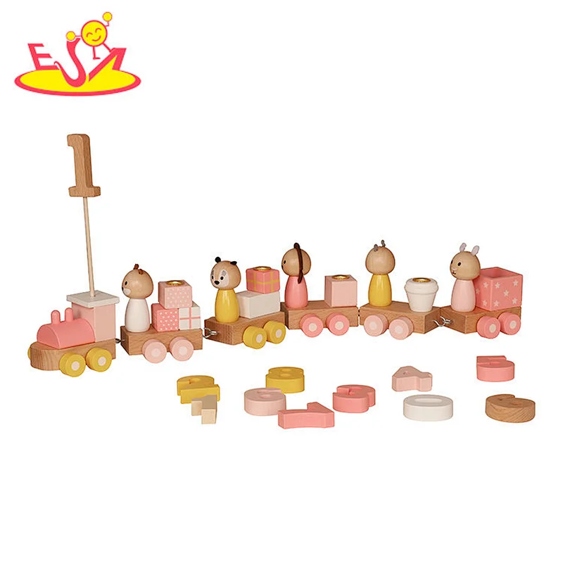 Wooden Pink Birthday Candle Train Set with Number, Stacking Blocks, Animal Figures for Kids Celebration Pretend Play W04A649E